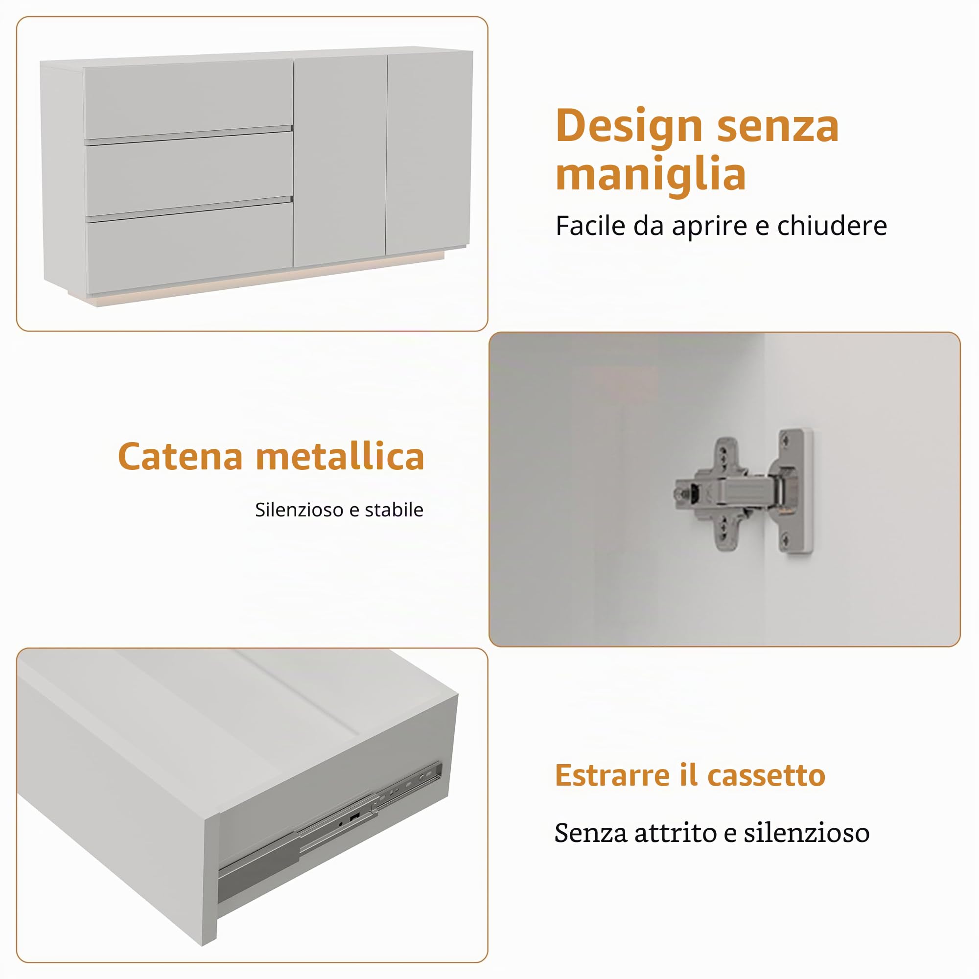 Nowoczesny biały połysk Credenza z oświetleniem LED, 3 otwory i 2 drzwi, szerokość 160 cm, do kuchni, salonu, jadalni, biura, przedpokoju, 160 x 35 x 76 cm