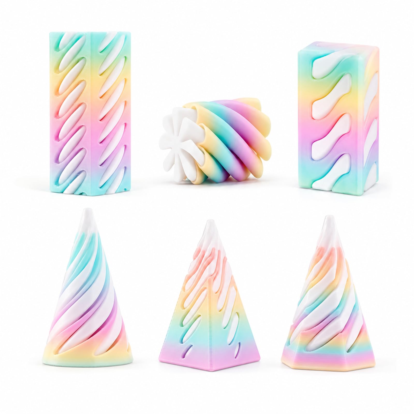 6pcs 3D Printed Fidget, Spiral Cone Fidget 6pcs Set, Stress Relief and Focus Enhancement, Desktop Decoration for Study and Office, 5cm Cone Triangle Hexagon and 2.5cm Circle Designs