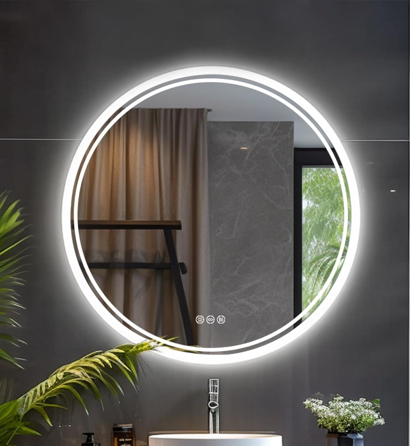 LUVODI LED Bathroom Mirror Round: 600mm Illuminated Dimmable Backlit Lighted Wall Circle Vanity Mirror with Demister Pad + Smart Touch Button Makeup Shaving Mirror