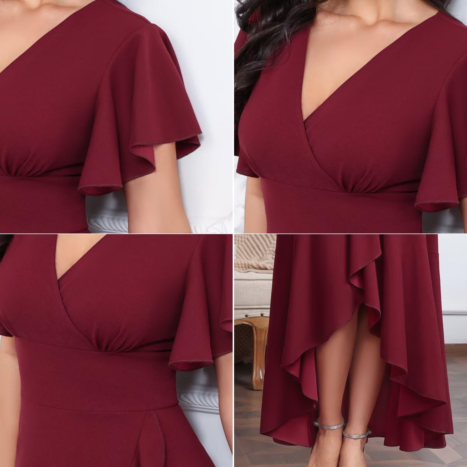 BABYONLINE D.R.E.S.S. Robes formelles pour femmes, robe de cocktail, col en V fendu, robe enveloppante à volants, robe d'invitée de mariage 3089-XIN