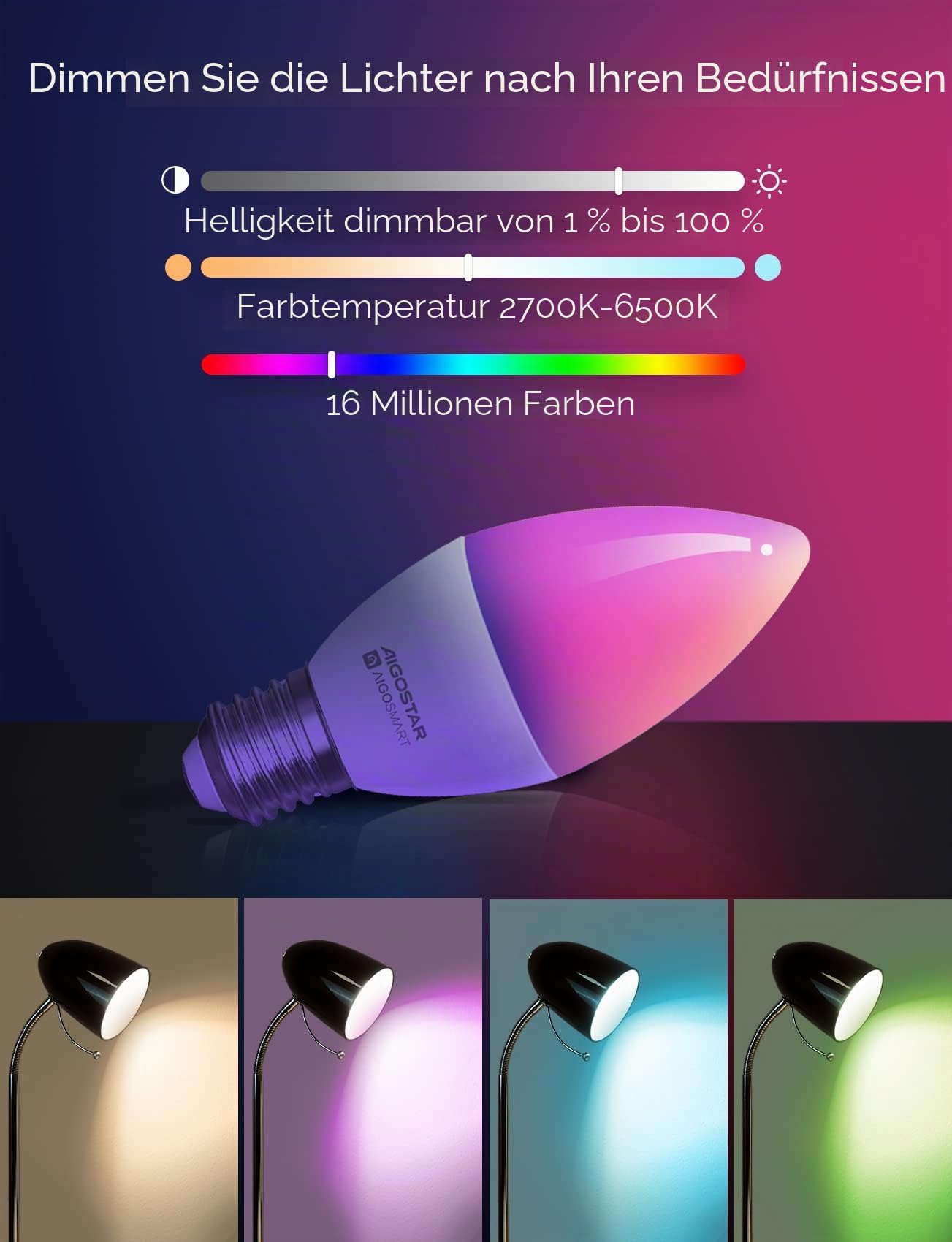 Aigostar Alexa Glühbirne E14 SL2 Smart Lampe 6.5W WLAN Lampe LED RGBCW 2700-6500K Dimmbare, Mit Musik synchronisieren, App Steuern Kompatibel mit Alexa/Google Home, Kein Hub notwendig, 6 Stücke.