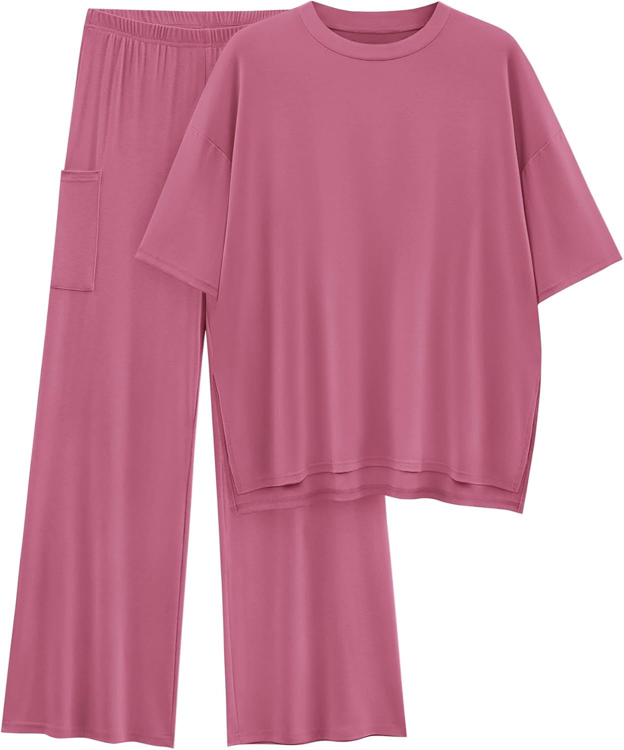 KIRUNDO Womens 2 Piece Outfits Lounge Set 2024 Casual Loose Short Sleeve Knit Pullover Tops and Wide Leg Pants Tracksuits Large Pink