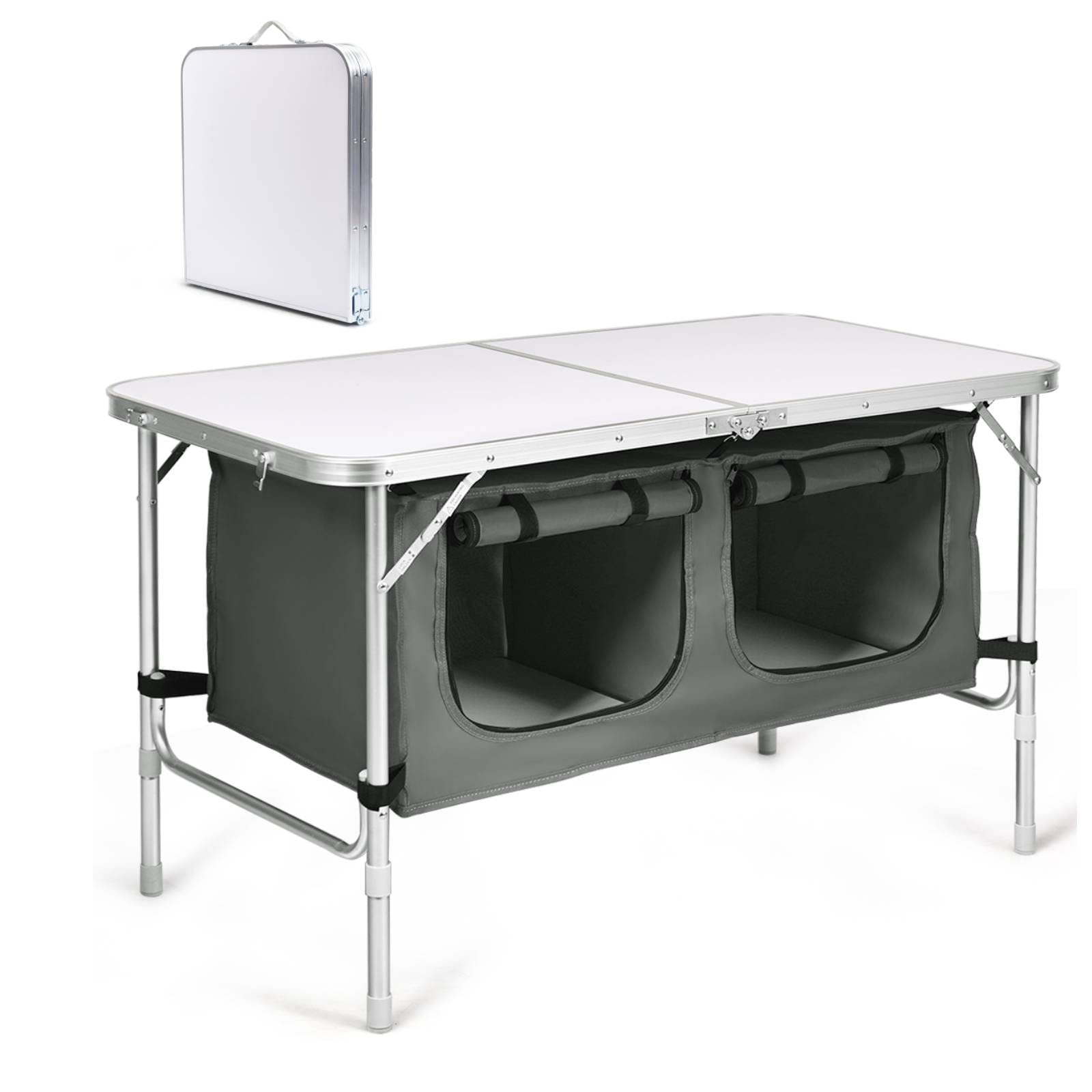 TANGZONFolding Camping Cupboard, 2-Level Height Adjustable Picnic Kitchen Table with Zippered Storage Organizer & Handle, Outdoor Portable Aluminum Storage Unit for Dining Fishing BBQ (White + Gray)