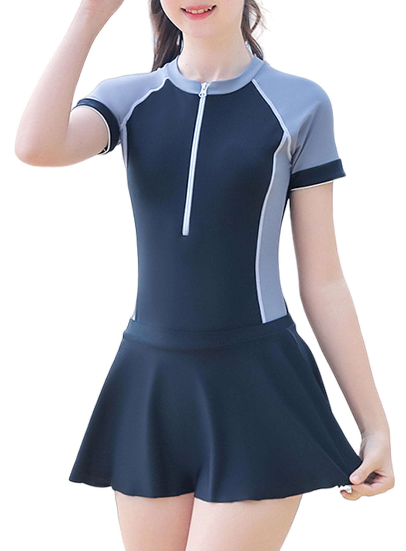 SEAUR Girls' Rash Guard Sets Sun Protection Swimwear Girls Summer Beach Bathing Suit Modest Swim Suit with Zipper Hawaiian Swimsuits for Teens 11-13T Black