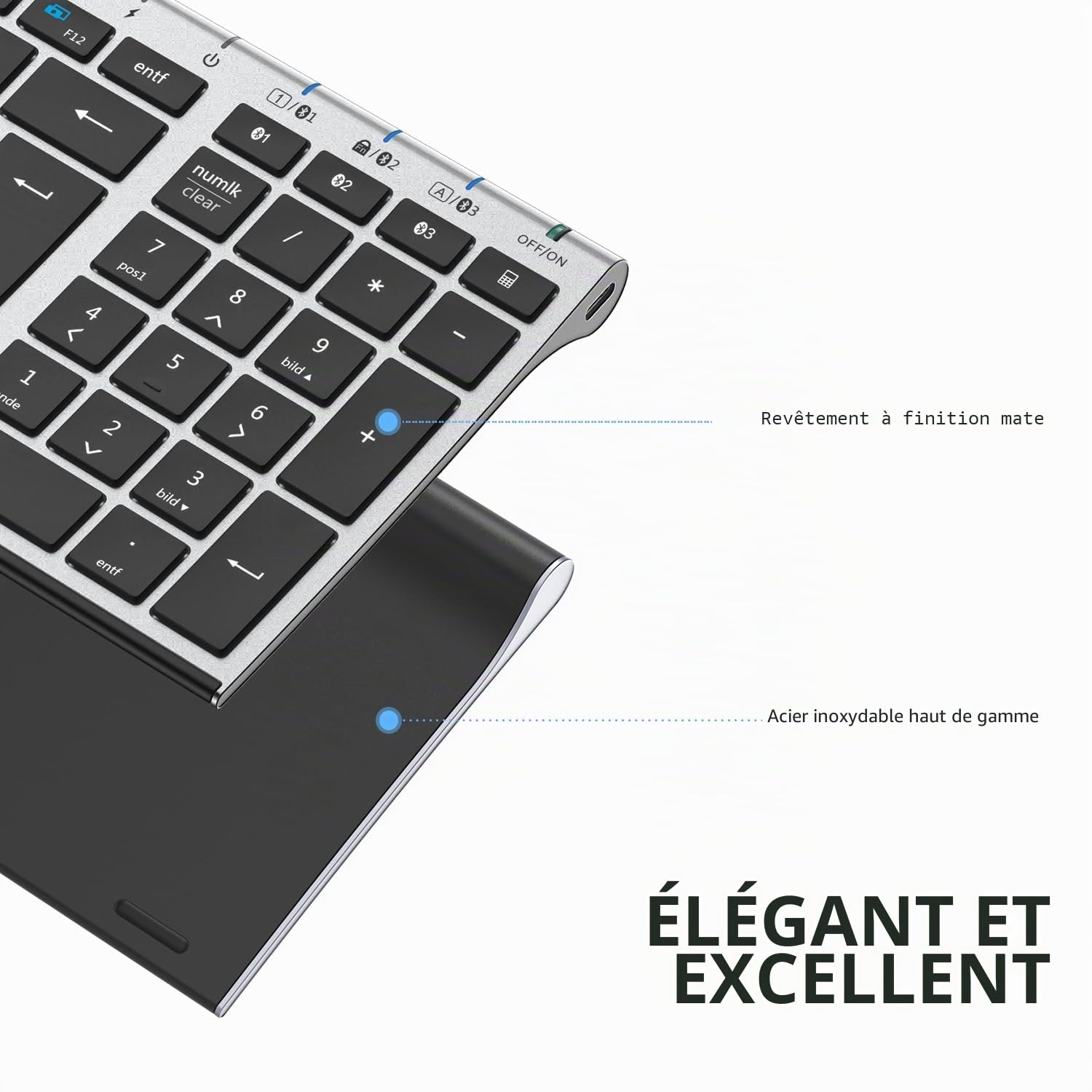 iClever BK10 Clavier Bluetooth sans fil rechargeable avec 3 canaux Bluetooth, connexion stable, design ergonomique ultra fin, clavier sans fil pour iOS, Android, Windows