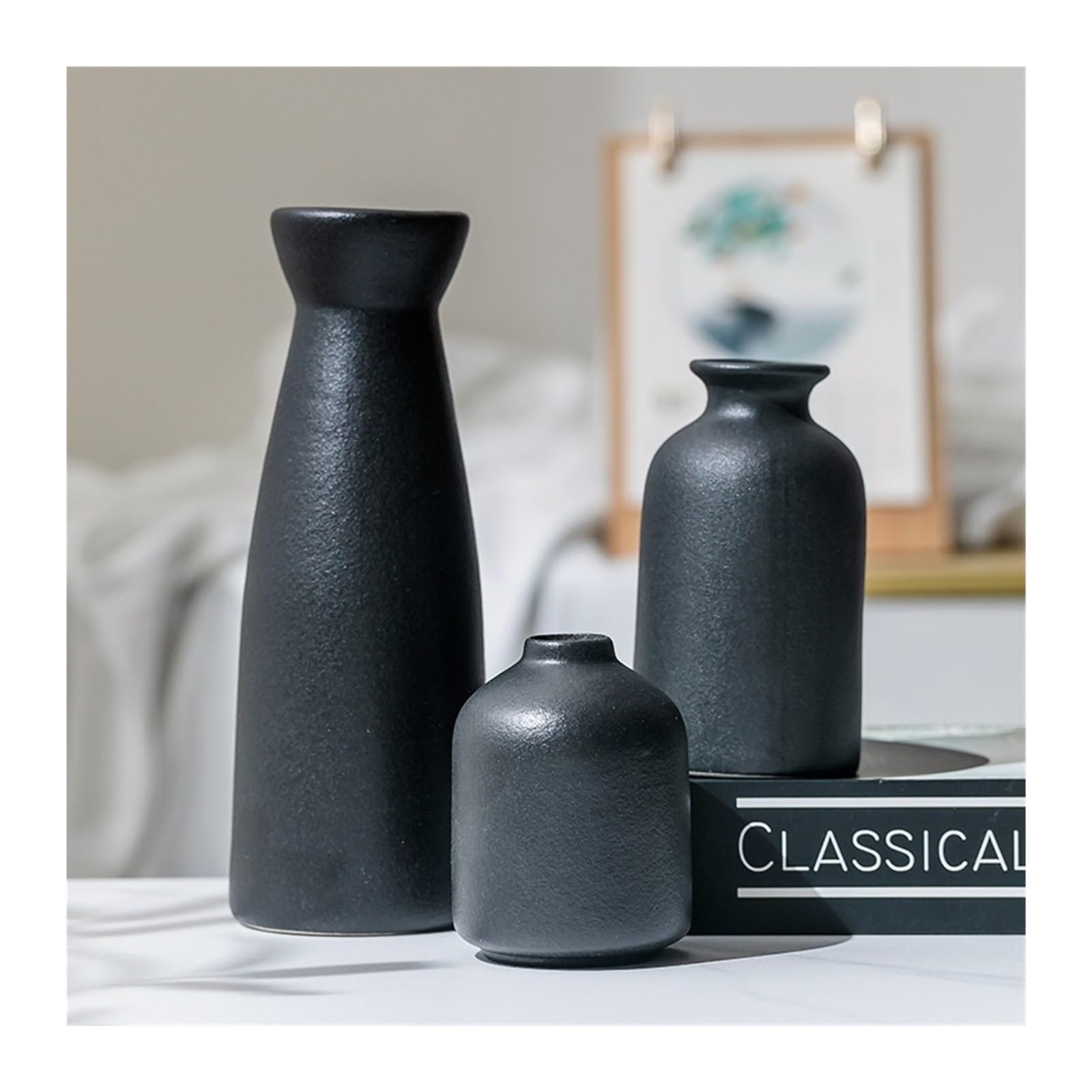 Petits vases à Fleurs Petit Vase en céramique Noire, Ensemble de Trois pièces de Simulation de Fleurs séchées, Vase décoratif de Bureau, Mini Petits Ornements(Simple Black 3piece Set)