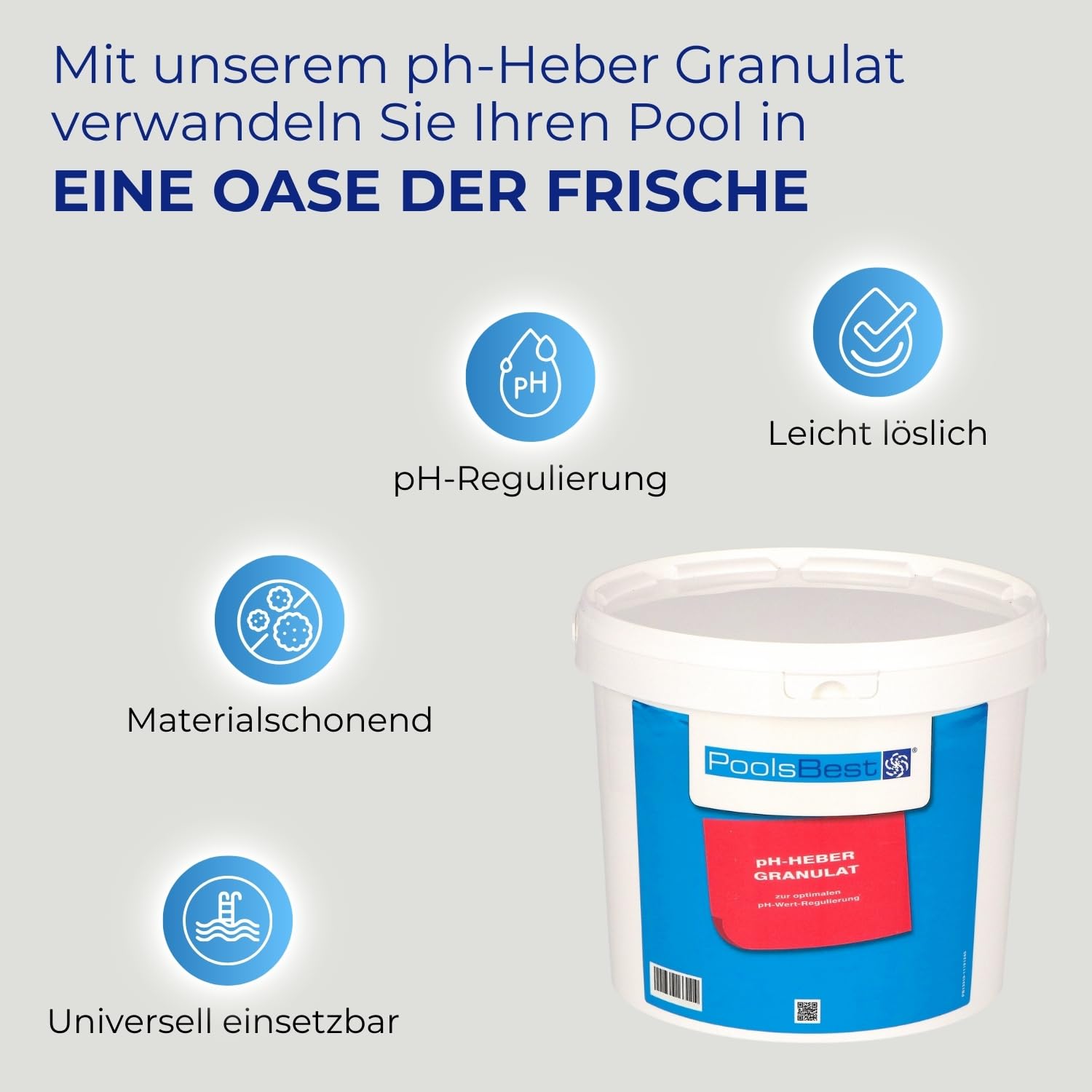 PoolsBest pH Heber Granulat 5kg I hochwertiger pH-Wert Heber Pool I Poolpflege pH Plus zur optimalen pH-Wert Regulierung I pH Heber Pool-Granulat inkl. Messbecher