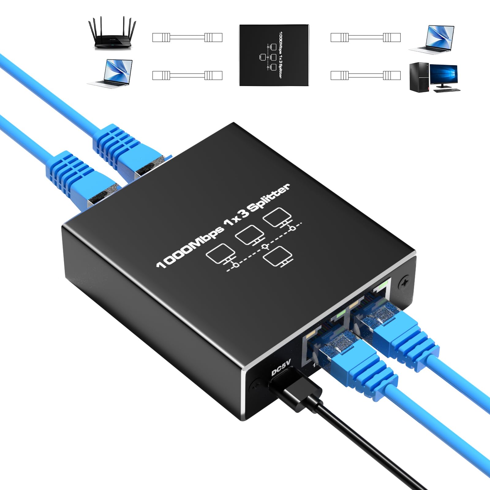Ethernet Splitter 1 to 3 1000Mbps High Speed Gigabit, RJ45 Splitter Adapter with USB Power Cable, Internet LAN Splitter Support Simultaneous Networking of 3 Devices Work with Cat5/5e/6/7/8 Cable