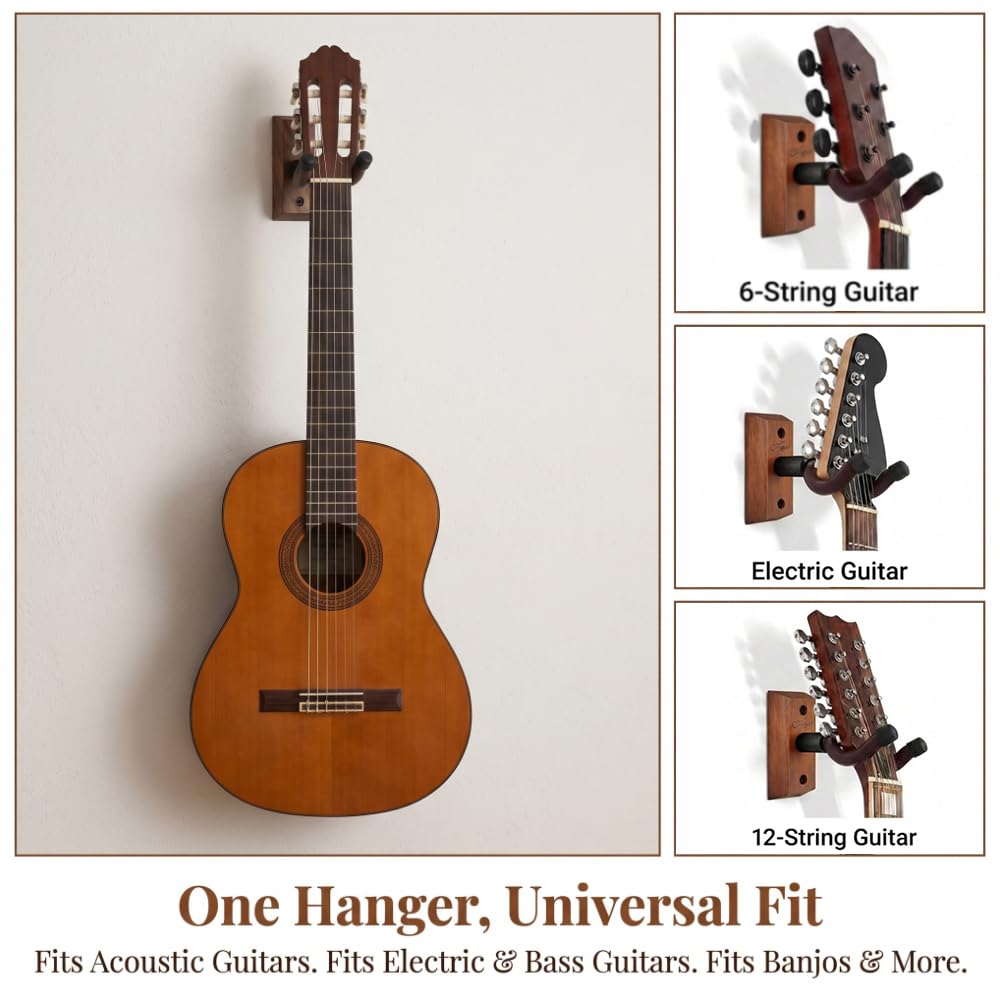 Lot de 4 Supports Muraux en Bois de Noyer Noir pour Guitare Support Mmural pour Guitare et Basses avec Bras Pivotant à 360° et Patin en Caoutchouc Porte Guitare Mural Noyer pour Salon, Studio
