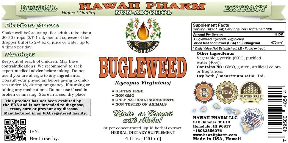 Hawaii Pharm Bugleweed Alcohol-Free Liquid Extract, Bugleweed (Lycopus Virginicus) Dried Leaf and Flower Glycerite Natural Herbal Supplement 4 oz