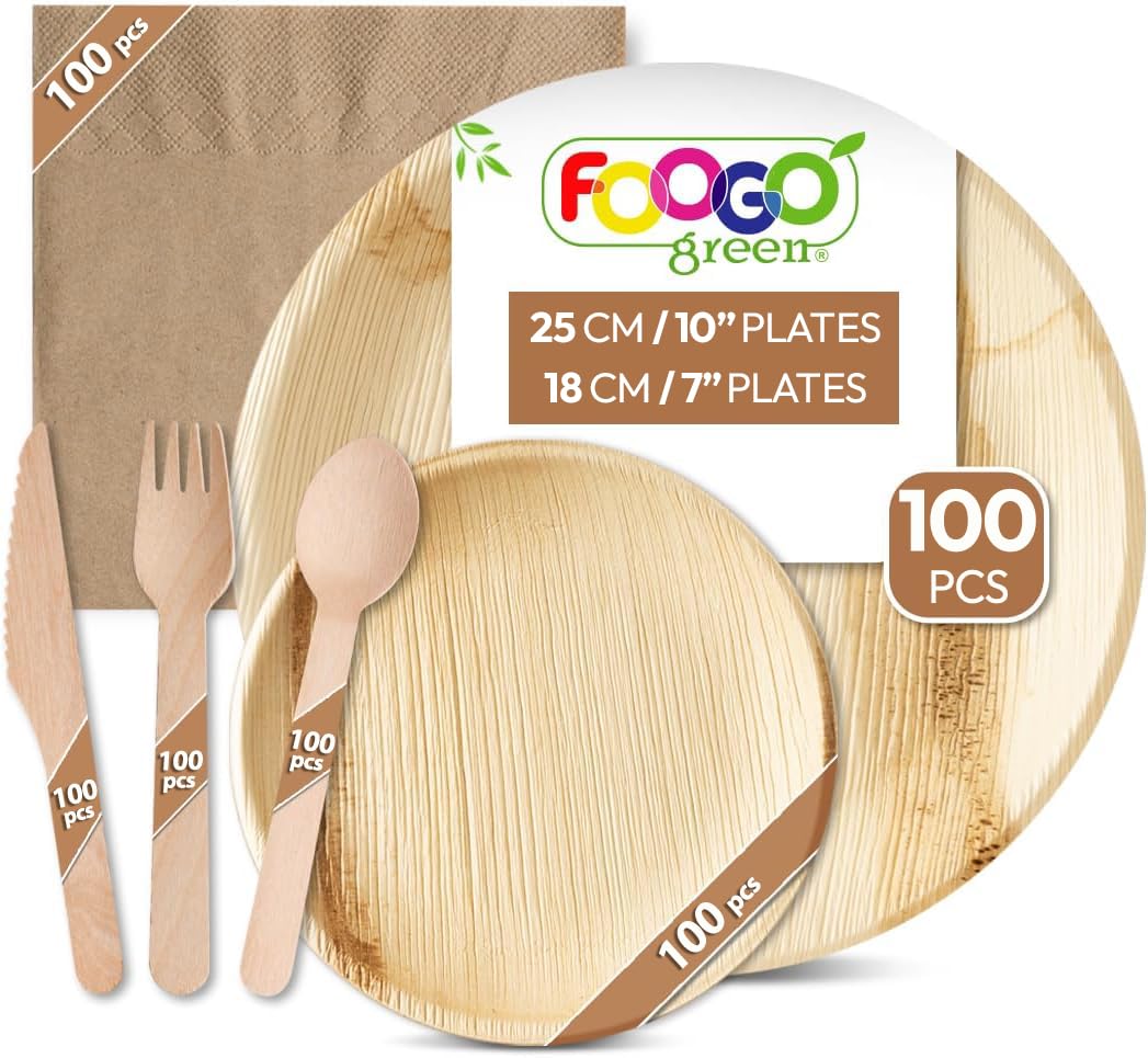 FOOGO Green Eco 600pcs Disposable Palm Leaf Plates, Wooden Cutlery Set and Napkins, FSC® Certified, Large Round and Small Side Plates, Forks, Knives, Spoons, Napkins — image 1