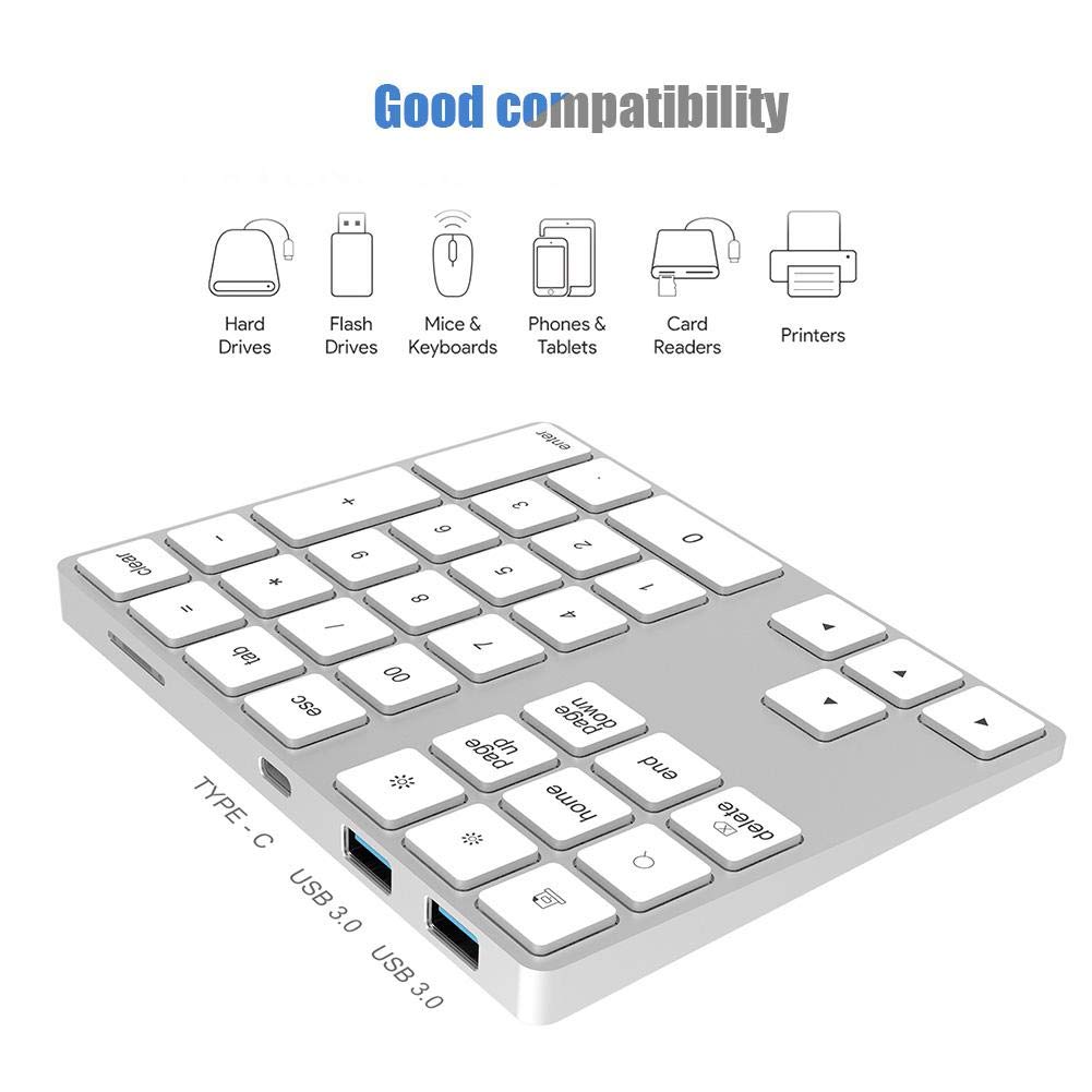 Bewinner Tastierino Numerico Bluetooth Esteso, USB Tastiera Ricaricabile di 34 Tasti, Wireless Portatile Tastierino Numerico Sottile Compatibile con OS/Android