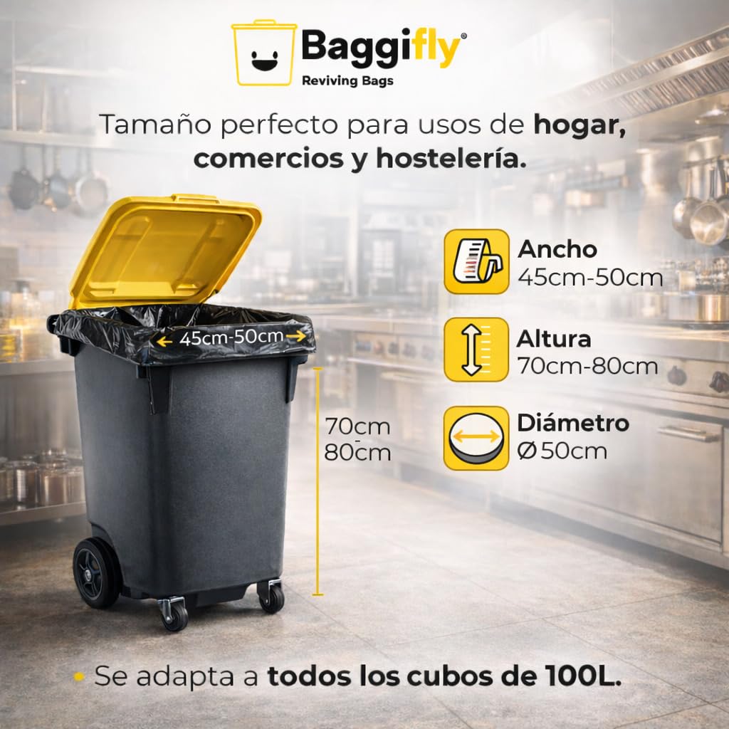 Baggifly, Bolsas de Basura 100L, 120 Bolsas Súper Resistentes, 100% Recicladas, ECO Friendly, Hostelería, Comercios y Jardinería, Pack 12 x 10, Fabricado en España