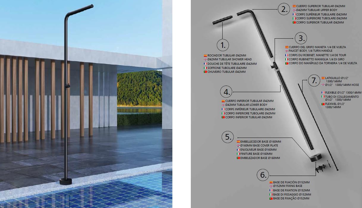 Mice - Ducha exterior para Piscina - Jardin - SPA con Rociador Tubular de 42mm con una altura 220 cm de acero inoxidable S316 Monofluido de 1 Via Agua Fria Color Negro Mate