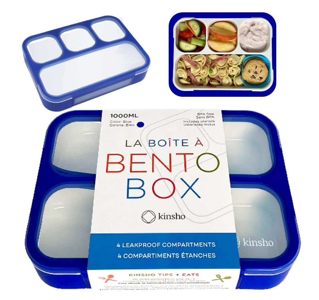 Bento Lunch Box for Kids Boys Adults, School Lunch-Box 4 Leakproof Compartments Snackle Snack Container with Utensils, Blue