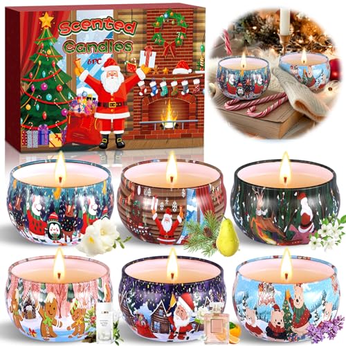 ZPQAODI Set Regalo di Candele Profumate, 6 Pezzi, 2,5 OZ, Natalizie, Cera di Soia Naturale, Portatili, Piccoli Regali per Donne e Uomini