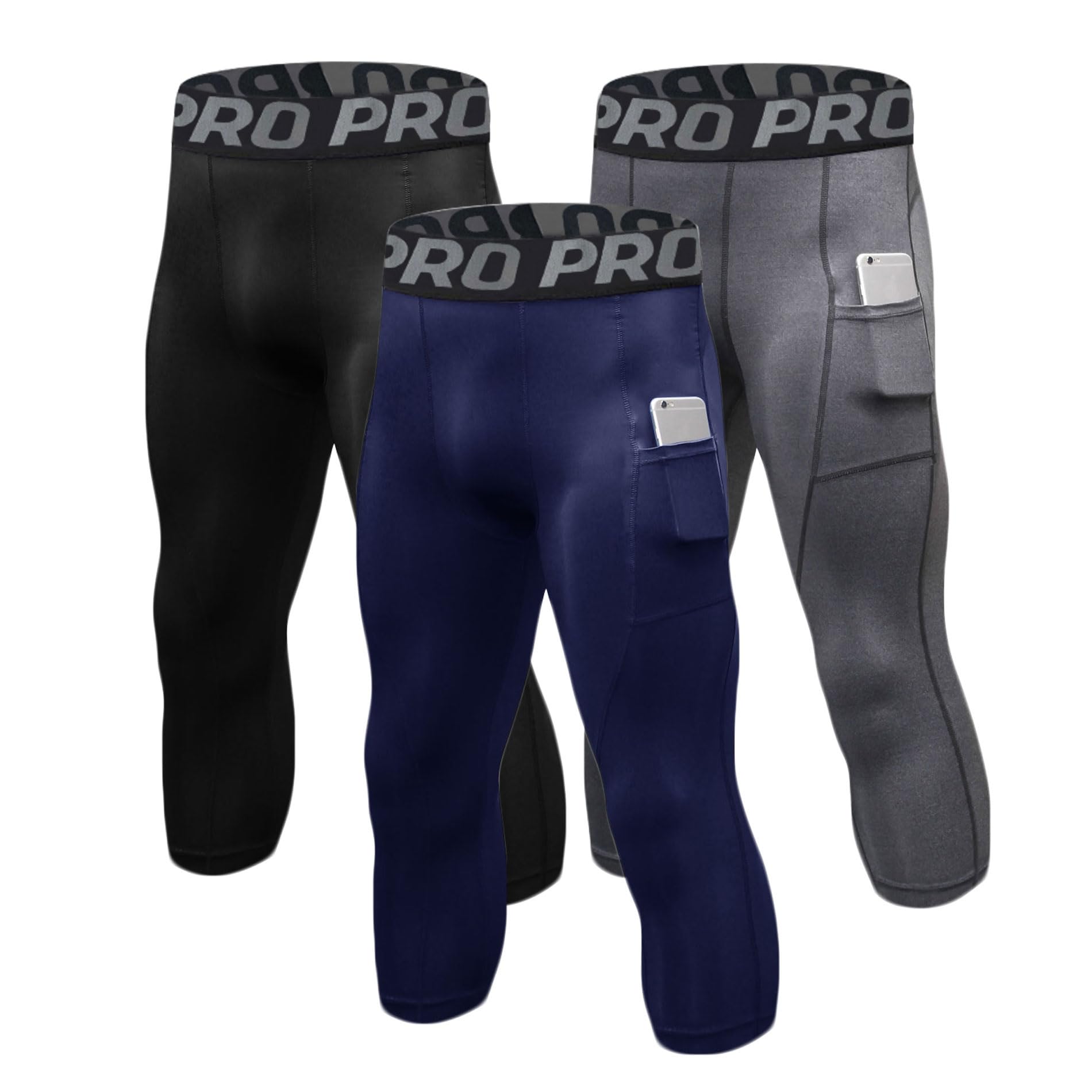 LANBAOSI Compression Pants for Men 3/4 Capri Quick Dry Leggings 1/3 Pack