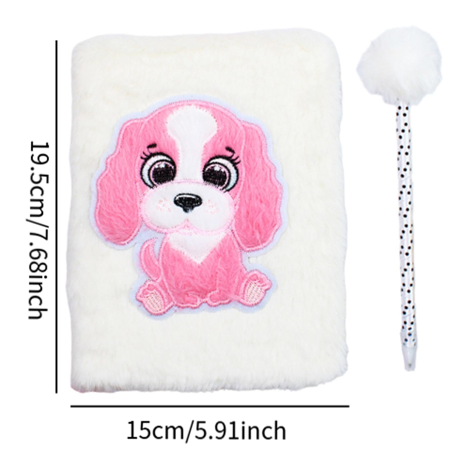 Carnet Peluche Cahier Agenda Carnet de Notes Couverture Douce Peluche Yeux Mobiles Brodés Écriture Lisse Stylo Adapté pour Maison École Cadeau Enfant, Chiot Blanc