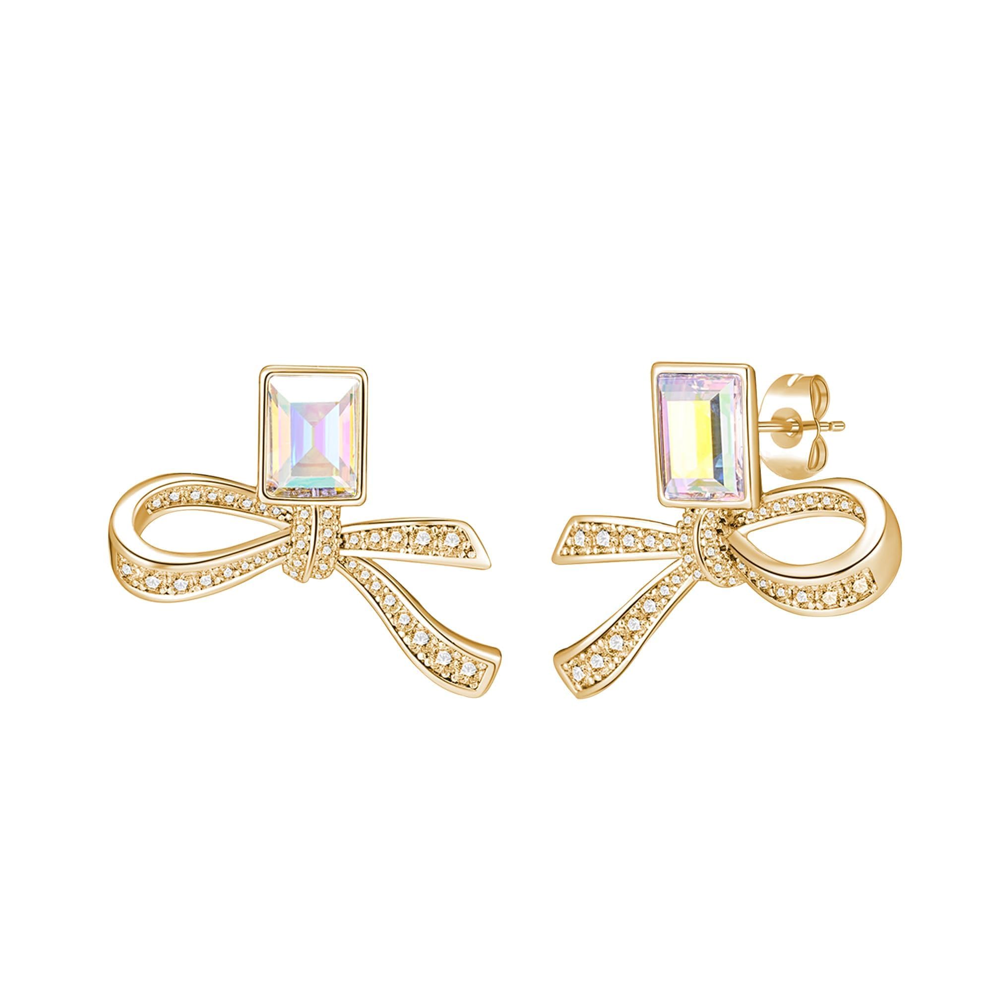 EVEVIC Austrian Crystal Bow Studs Drop Earrings for Women Dangle Earring 14K Gold Plated Hypoallergenic Jewelry Gifts