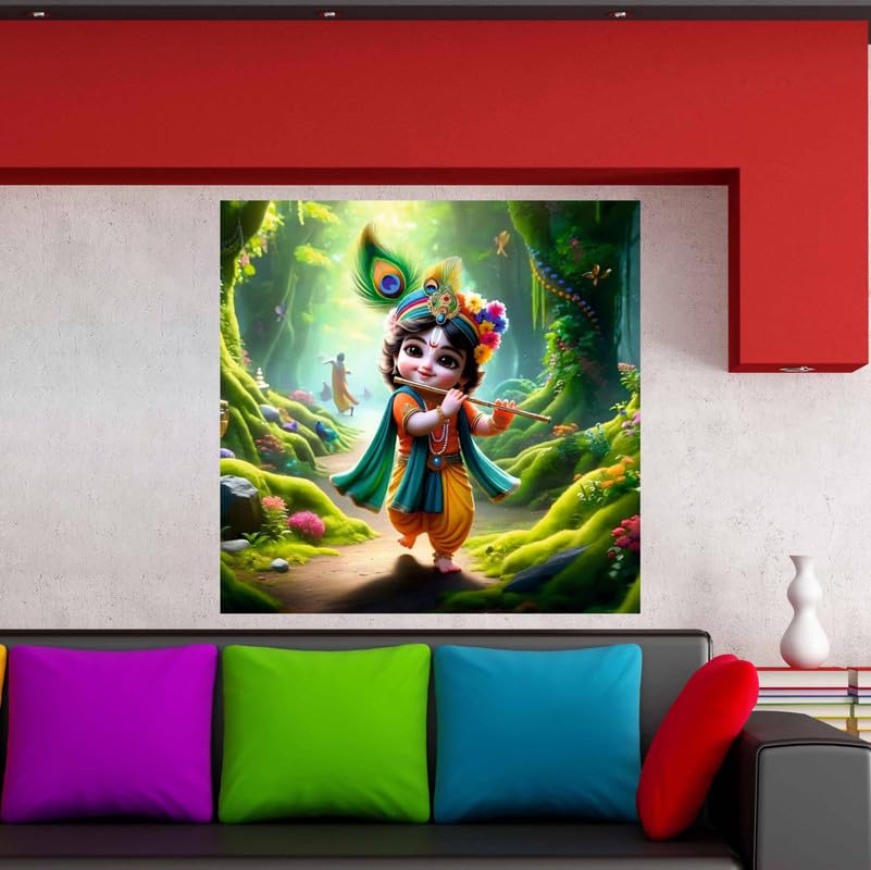 Image of British Terminal Cute little Bal Gopal Baby God Krishna| Kanha Ji | Laddu Lord Makhan Chor Painting Religious Poster for Pregnant Women for wall (matt thin vinyl,sticker,multicolor,unframed)| bj126