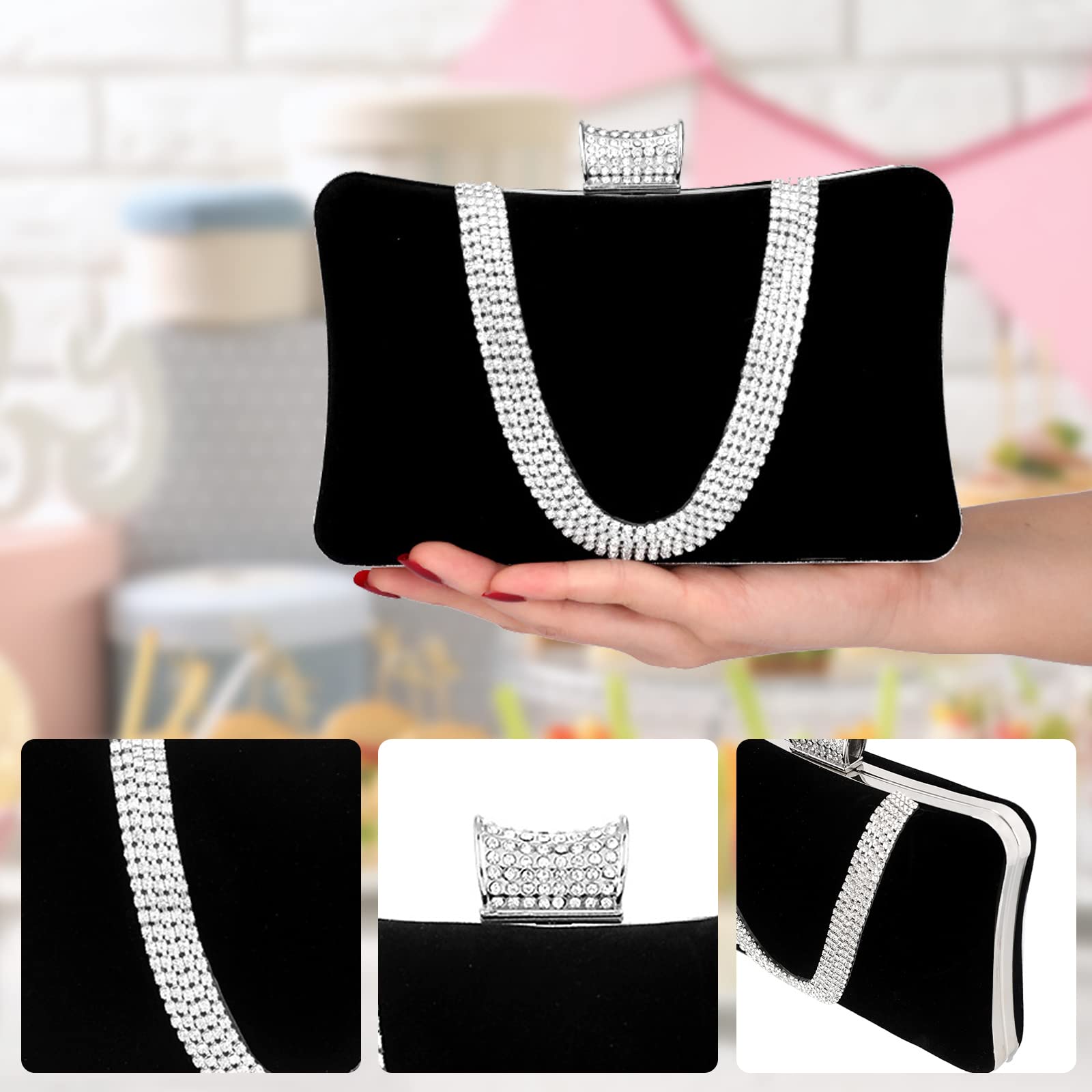 CORIOS Borsetta da Sera Donna Velluto Pochette Strass Cerimonia Clutch Borsa a Tracolla Borsa Sposa Pochette Piccolo con Catena Elegante Borse Messenger per Cocktail Festa Cerimonia Ballo Nero