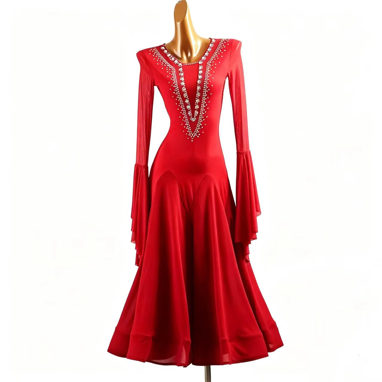 purpleq Rotes Turniertanzkleid mit Strasssteinen V-Ausschnitt Langarm Mesh Walzer Tango Foxtrott Standard Großer Pendel Tanzrock Walzerkleid