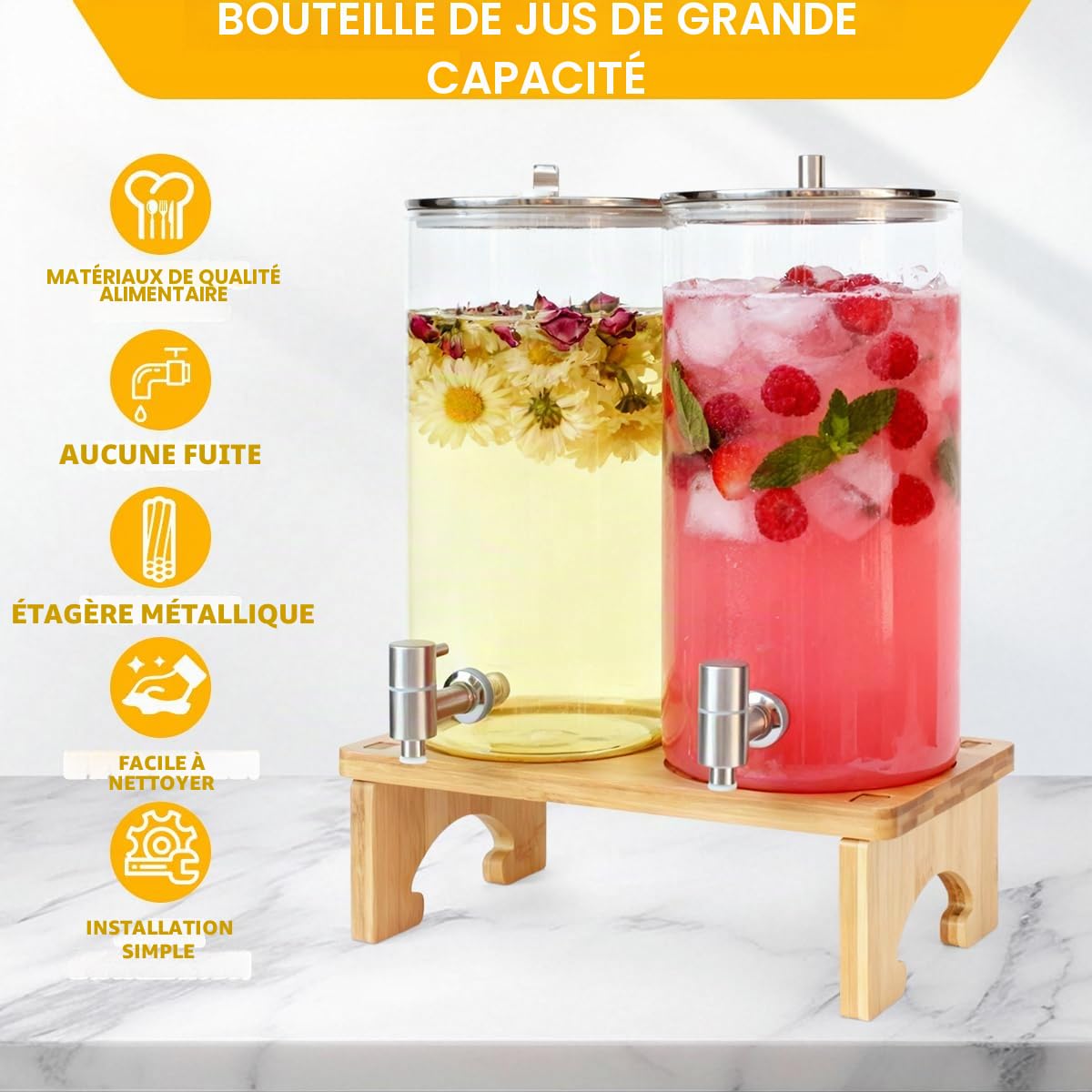 2 x 6 L Distributeur de boissons avec support, distributeur de boisson en verre avec robinet en acier inoxydable massif pour jus glacés, eau, boissons maison, fêtes, mariages
