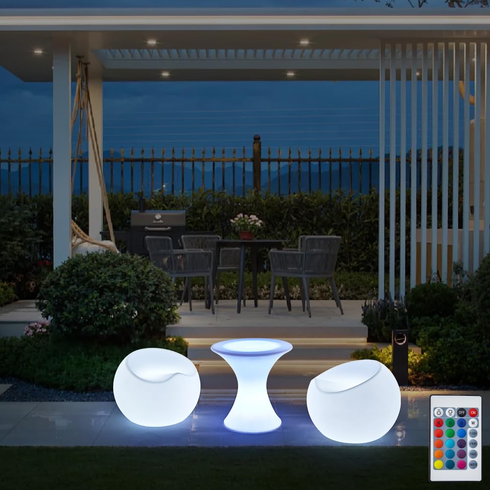 LED Gartenleuchte Leuchtende Sessel Tisch Sparsam mit Fernbedienung. Wiederaufladbar RGBW Helligkeit einstellbar Neu Schick (YXF-6565 Sessel Rund)