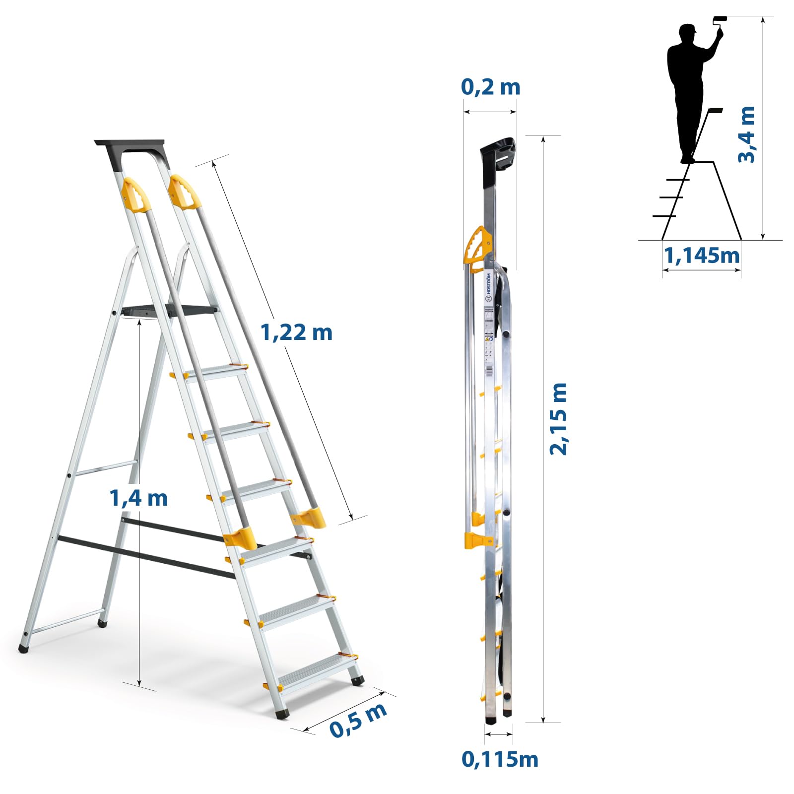 HOSTRÖM Escalera de 7 peldaños DURAMP Segura con rampas, Estante portaherramientas, Estribo Plegable Aluminio, Altura Plataforma 140 cm, garantía de 5 años.