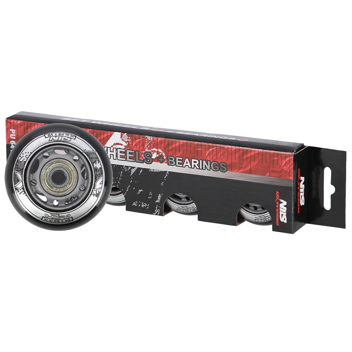 Lot de 4 Roues de Rollers en PU 64 mm / 82 A + roulements ABEC9 Noir Nils