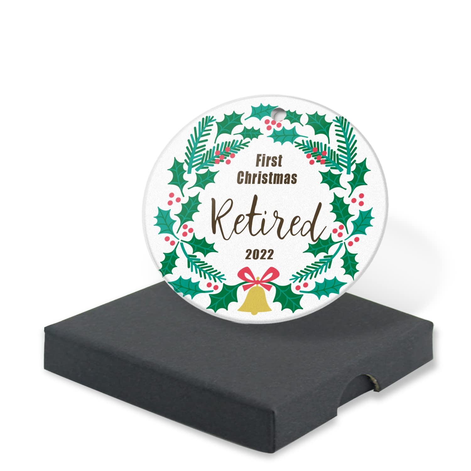 DadidycFirst Retired Christmas 2021 Dated Keepsake Man Woman Office Company Job Retirement Party Gift 1st Holiday Retiring 3" Round Ceramic Ornament with Gift Box Xmas Present