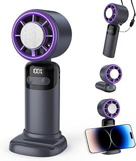 Tragbarer Handventilator mit Eiskühlung & Digitalanzeige, 100 Stufenlos Einstellbar, Faltbar und 90° Neigbar, Turbo Mini Ventilator mit 3000mAh Akku Aufladbar, Sommer Essential für Damen & Herren