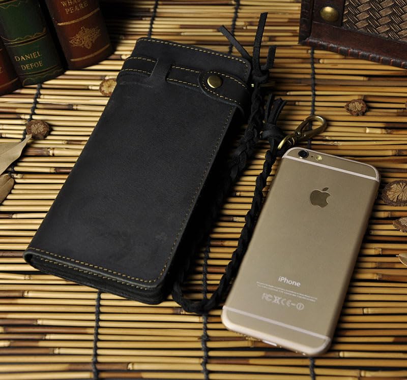 Genuine Leather Wallet For Men Bifold Chain Retro Style with Secure Money Clip Brown (Black)4