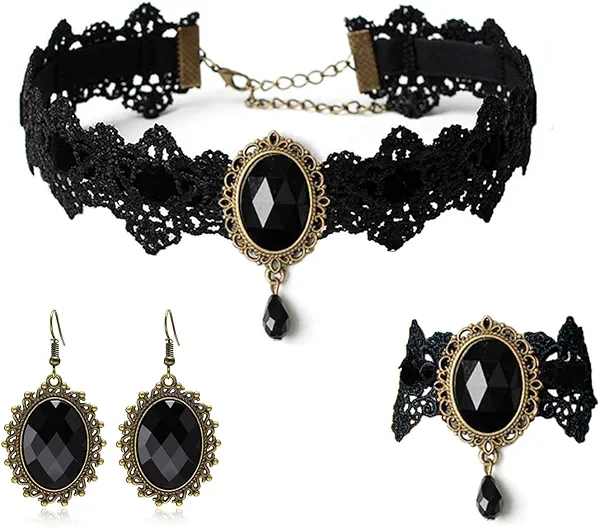 Gothic Victorian Style Vampire Choker Necklace Bracelet Earrings Set,Halloween Pirate Steampunk Witch Vampire Costume Accessories Jewelry for Women,Adjustable Size