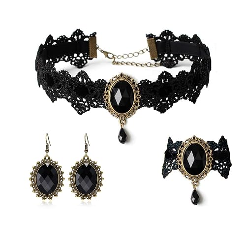 Gothic Victorian Style Vampire Choker Necklace Bracelet Earrings Set,Halloween Pirate Steampunk Witch Vampire Costume Accessories Jewelry for Women,Adjustable Size - Black-Style 1