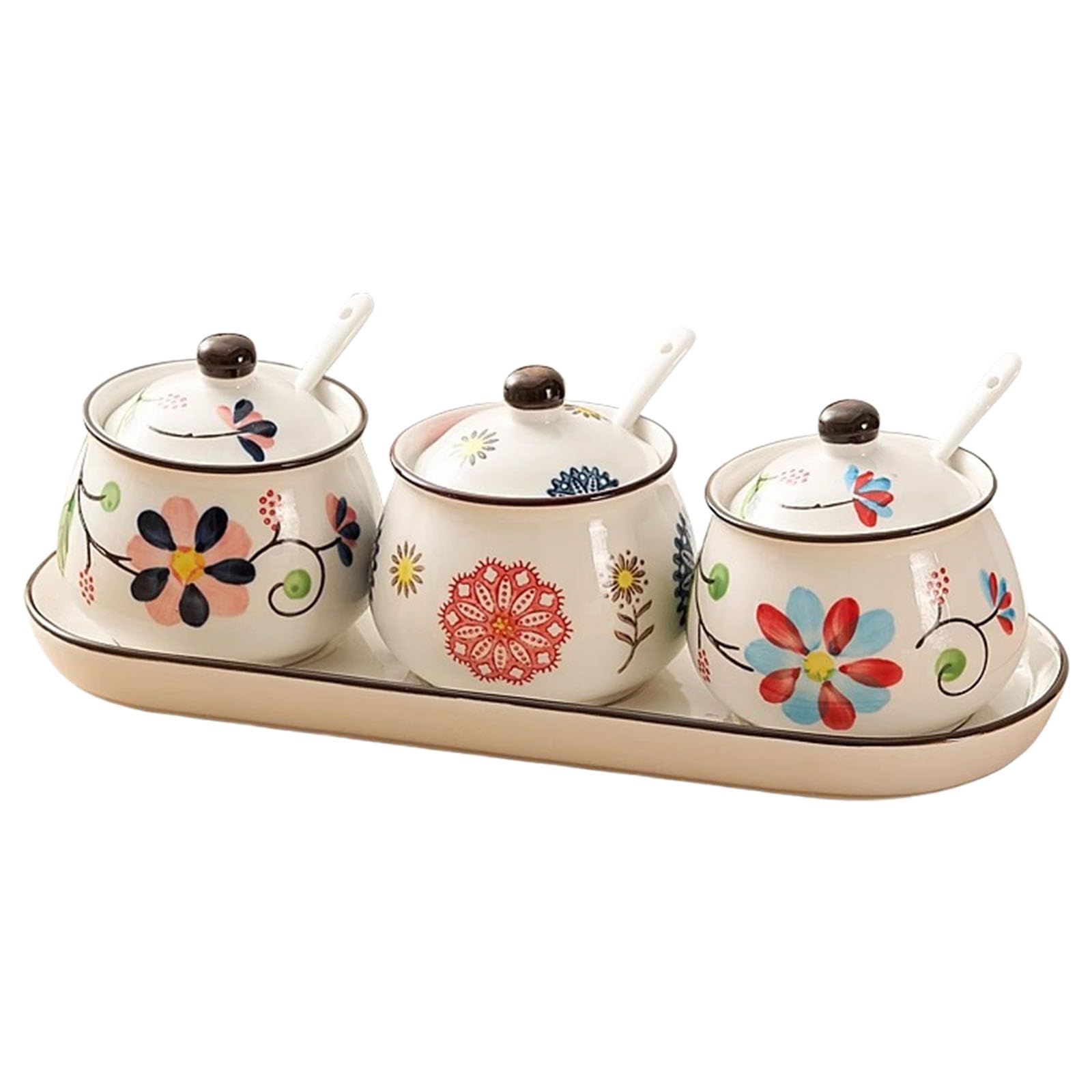 jiingekk Of 4 Underglaze Ceramic Seasonings Jars with Tray and Spoons Elegant Kitchens Storage for Salt Sugar Pepper Decorative Kitchens Container