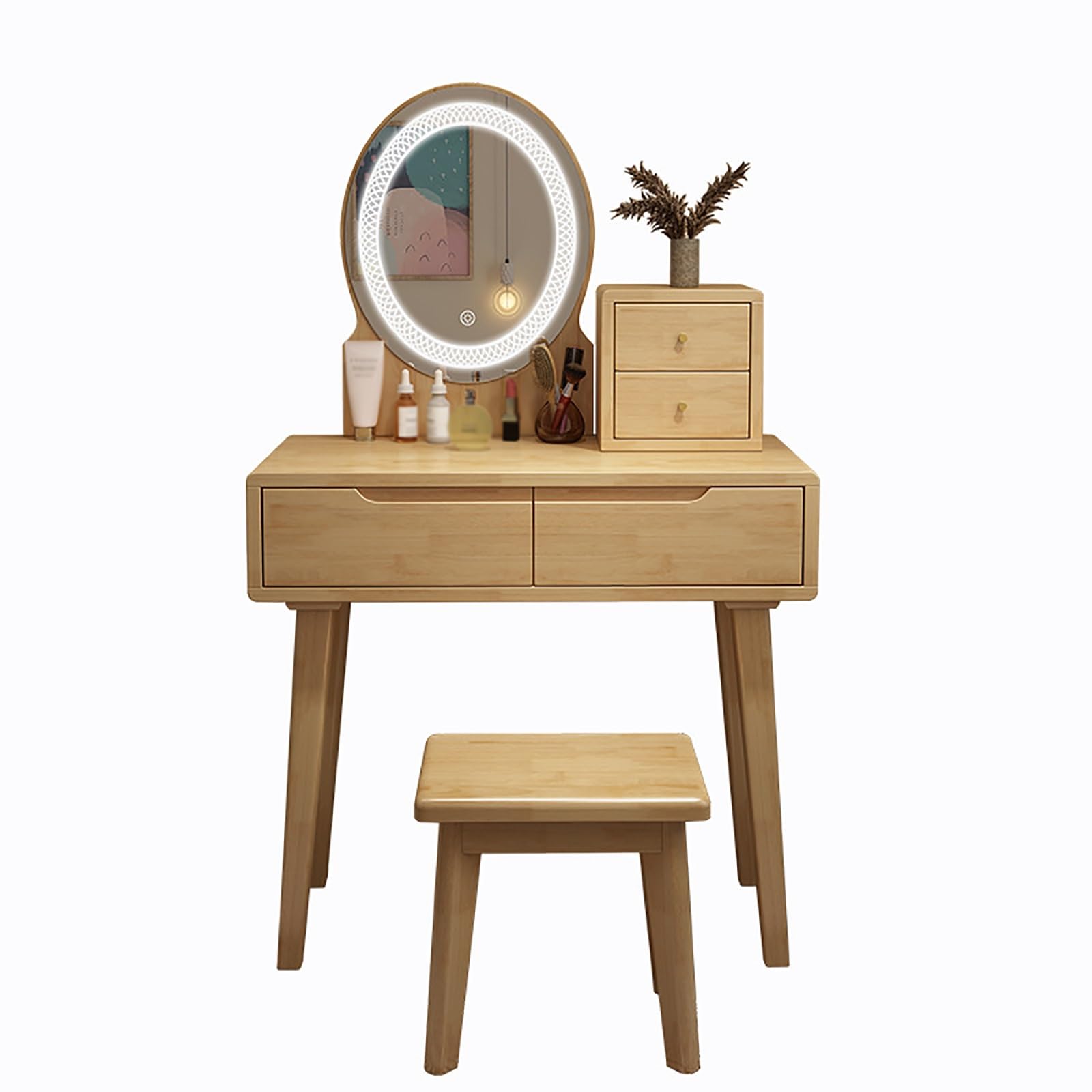 asdchZen Elegant Walnut Dressing Table Set With Mirror & Stool, Makeup Vanity Desk For Bedroom, Durable Furniture, 80Cm Size, Perfect For Beauty & Organization,Natural-80CM
