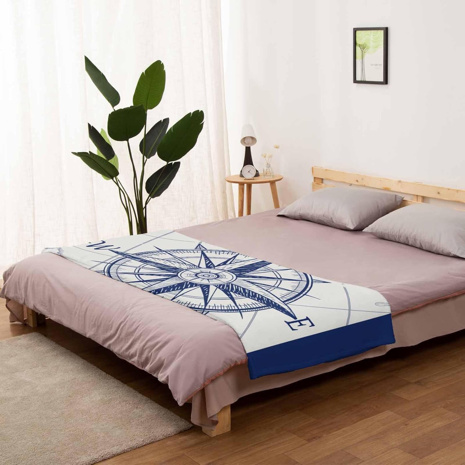 DecorLovee Navy Blue Nautical Blanket 60"x80", Reversible Throw Blanket for Couch/Bed/Camping, Beach Ocean Coastal Compass Lightweight Soft Throw Blankets for Men, Warm Fuzzy Blankets for Winter