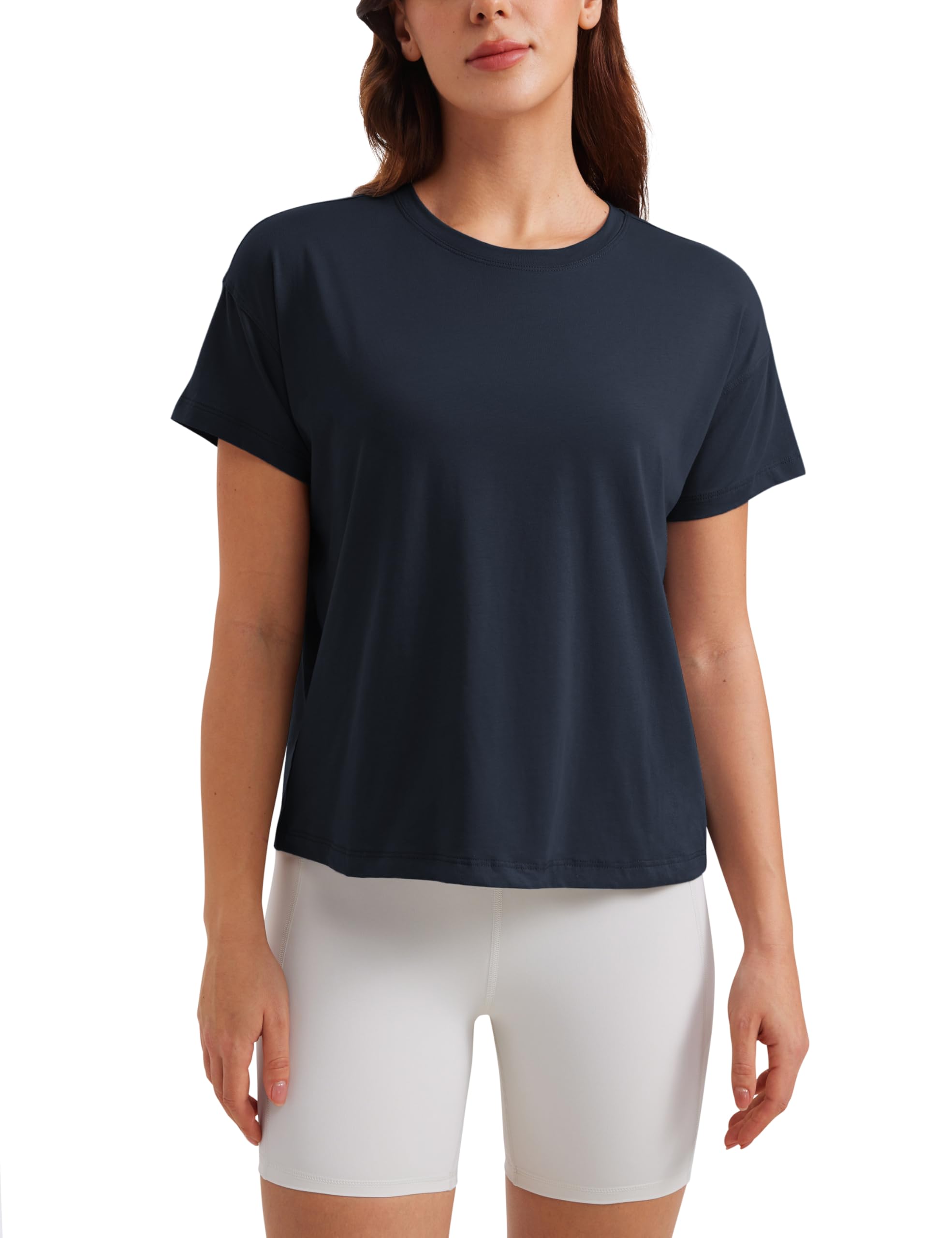 CRZ YOGA Pima Cotton Relaxed T-Shirts for Women - Workout Athletic Gym Casual Short Sleeve Shirts Basic Crewneck Hip Tops