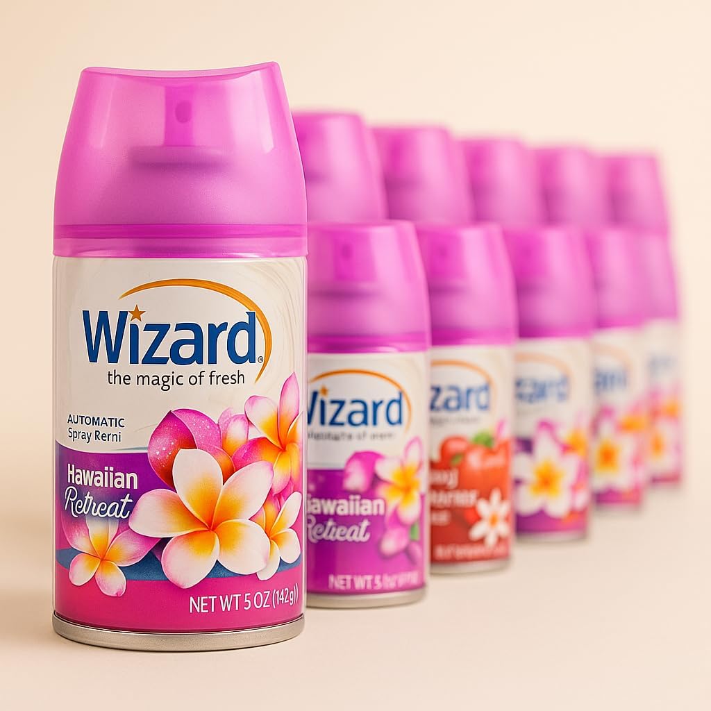 Wizard Automatic Spray Refill – Hawaiin Retreat, 5 oz (12 Pack) | Compatible with Air Wick Freshmatic & Glade Dispensers | Long Lasting Odor Neutralizer for Home & Office