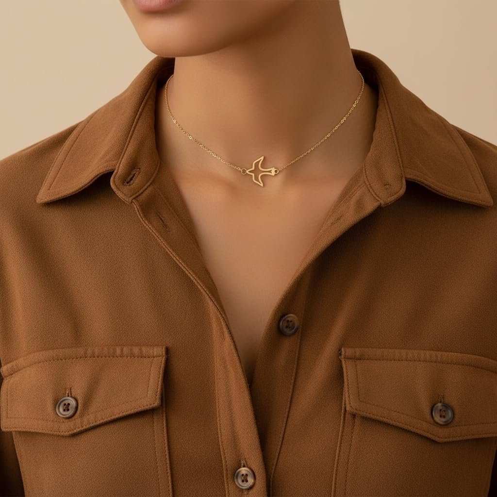 18K Yellow Gold Plated Dainty Gold Bird Choker Necklace, 18 Karat Gold Plated over Stainless Steel Flying Dove Pendant Chain, Minimalist Fashion Jewelry for Women, Tarnish Resistant, 13.5-Inch Length with a 2-Inch Extension