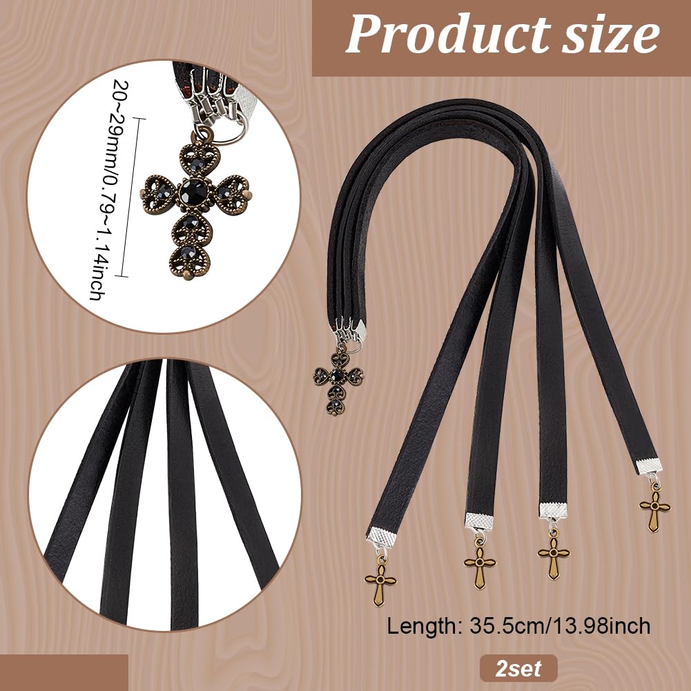 FINGERINSPIRE 2 Pcs Leather Bookmark 35.5x1cm Cowhide Leather Bible Bookmarks with 4 Ribbon Book Mark with Alloy Cross Pendant Black Christian Leather Bookmark for Women Men Book Lovers - Image 2