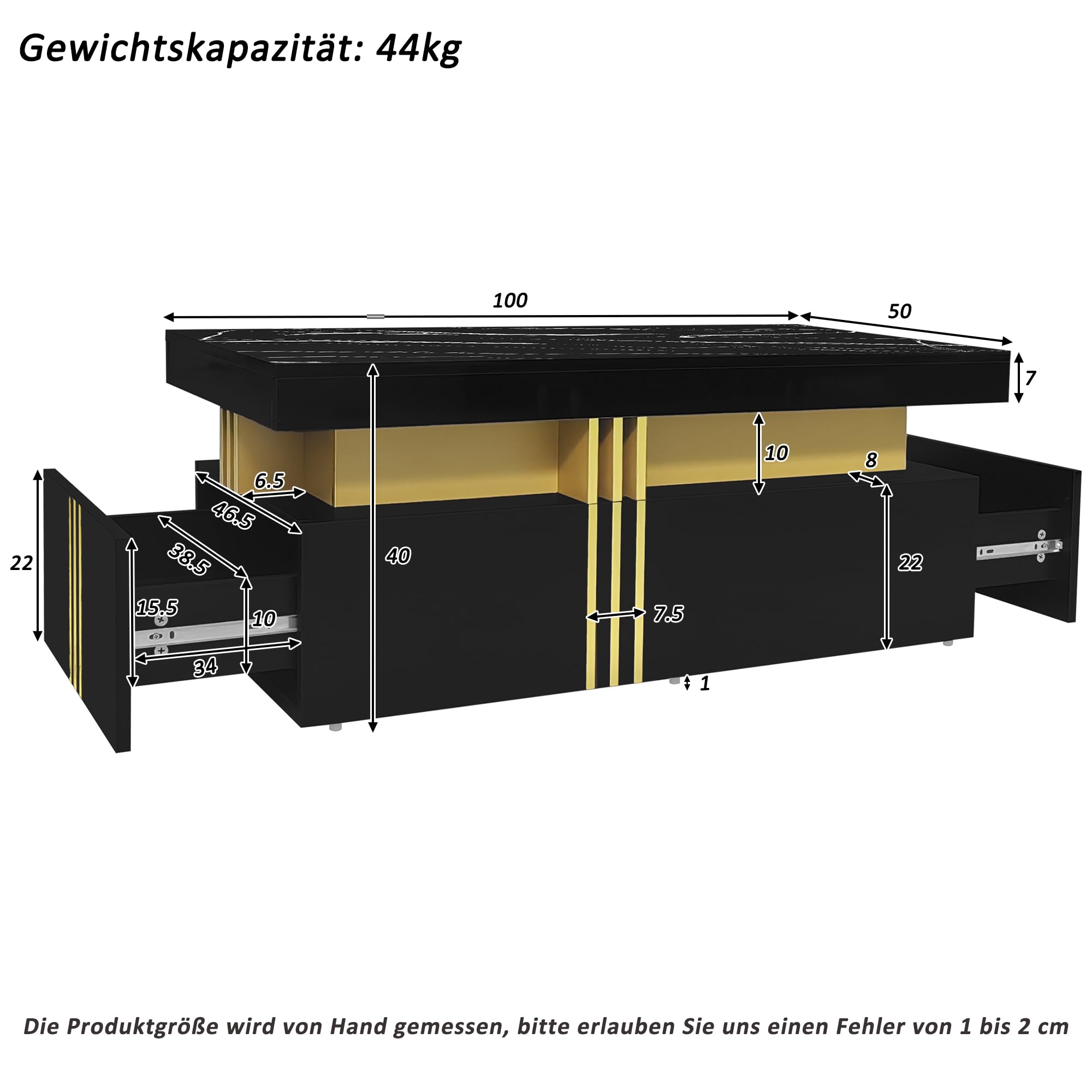 Modern Couchtisch Rechteckig mit Marmor-Optik Hochglanz Sofatisch Wohnzimmertisch mit 2 Holzschubladen Teetisch Kaffeetisch für Wohnzimmer Lounge Design Ablagetisch Groß 100x50x40 cm (Schwarz)