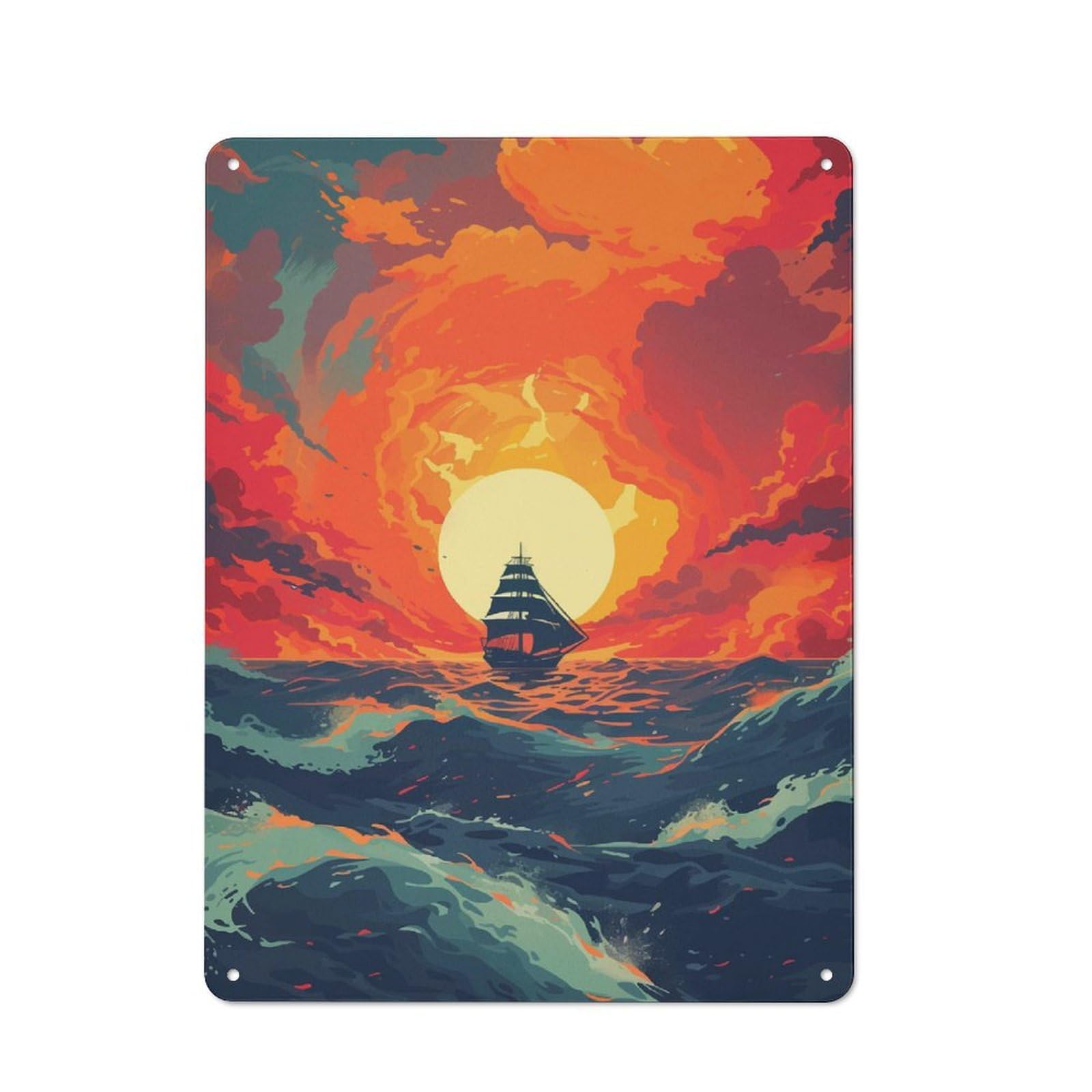 Junmoney Sailboat Sunset Landscape Industrial Metal Wall Sign 40X30cm Featuring Urban Room Decor For Loft, Studio, Office Or Creative Room