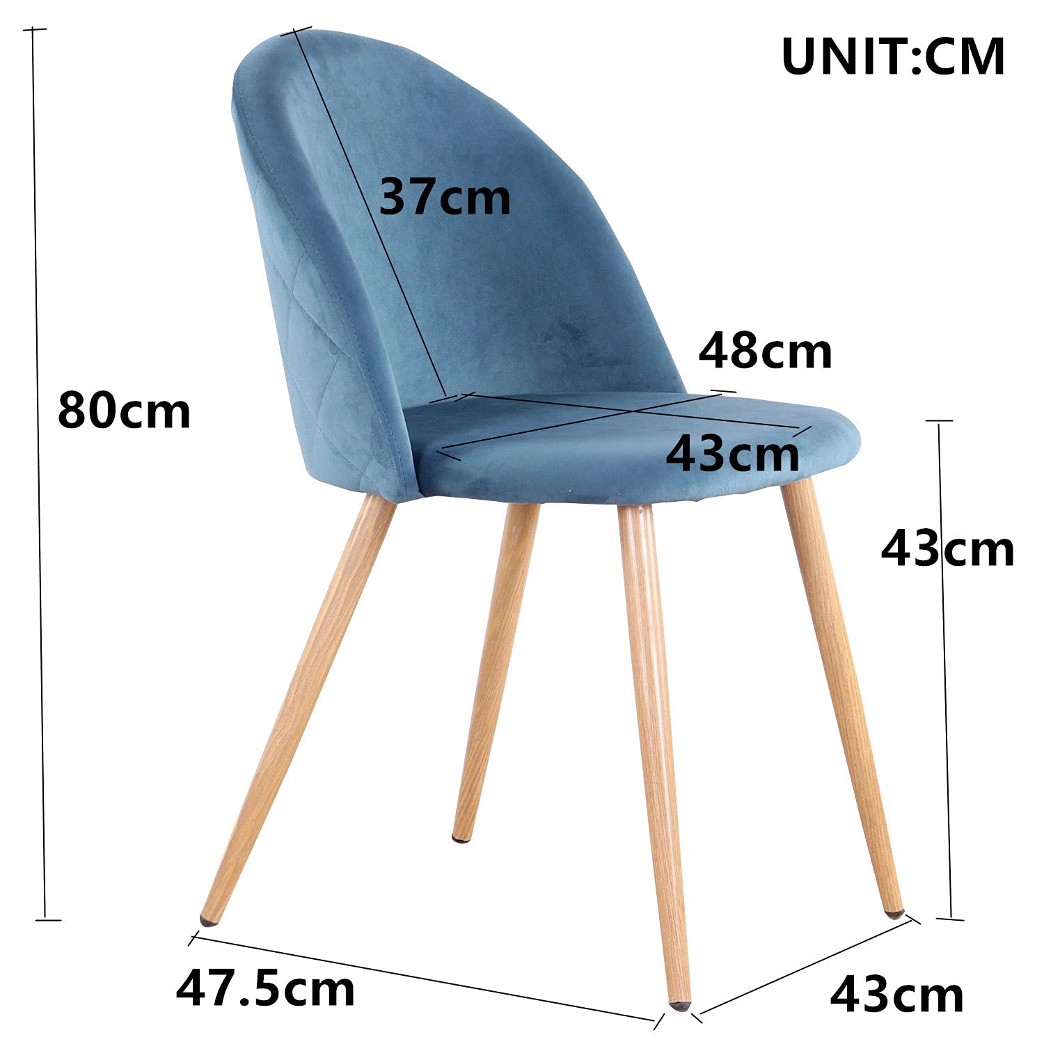 Lot de 4 Chaises de Salle à Manger Rembourrées avec Dossier en Velours Doux et Pieds Réglables en Métal Style Bois (Bleu)