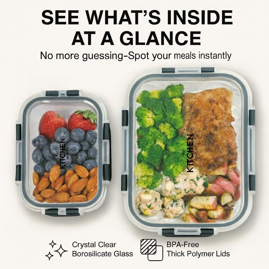 KITCHEN SHOPPE 24pc Borosilicate Glass Storage Containers with Airtight Lids | Heavy Duty, Non-Toxic Food Storage Containers for Pantry, Meal Prep, Lunch or Leftovers | Freezer/Oven/Microwave Safe