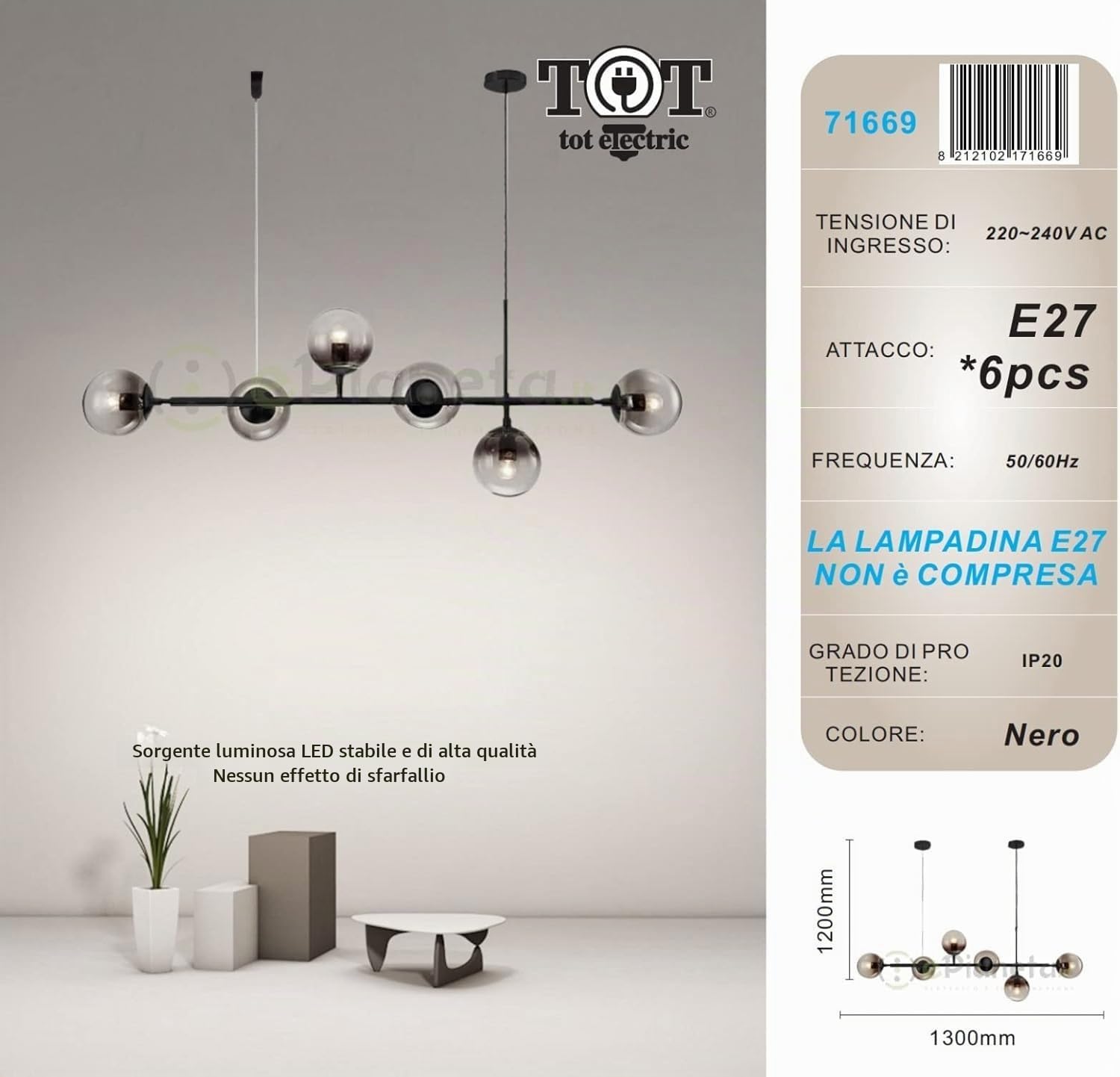 Lampadario a sospensione bolle 6 sfere attacco E27 in vetro fumè lampada da soffitto in metallo oro argento design moderno (Nero)