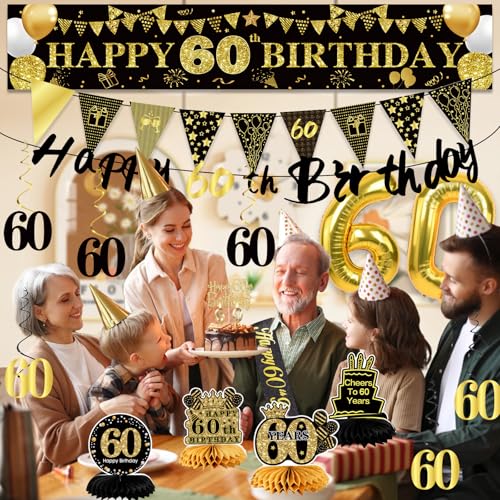 Image of 60th Birthday Decorations for Men, Black Gold 60th Party Decoration Kits | 27pcs Happy 60th Birthday Set, Banner, Honeycomb, Balloons, Gold Number, Candle, Hanging Swirls, Cake Topper, Party Supplies