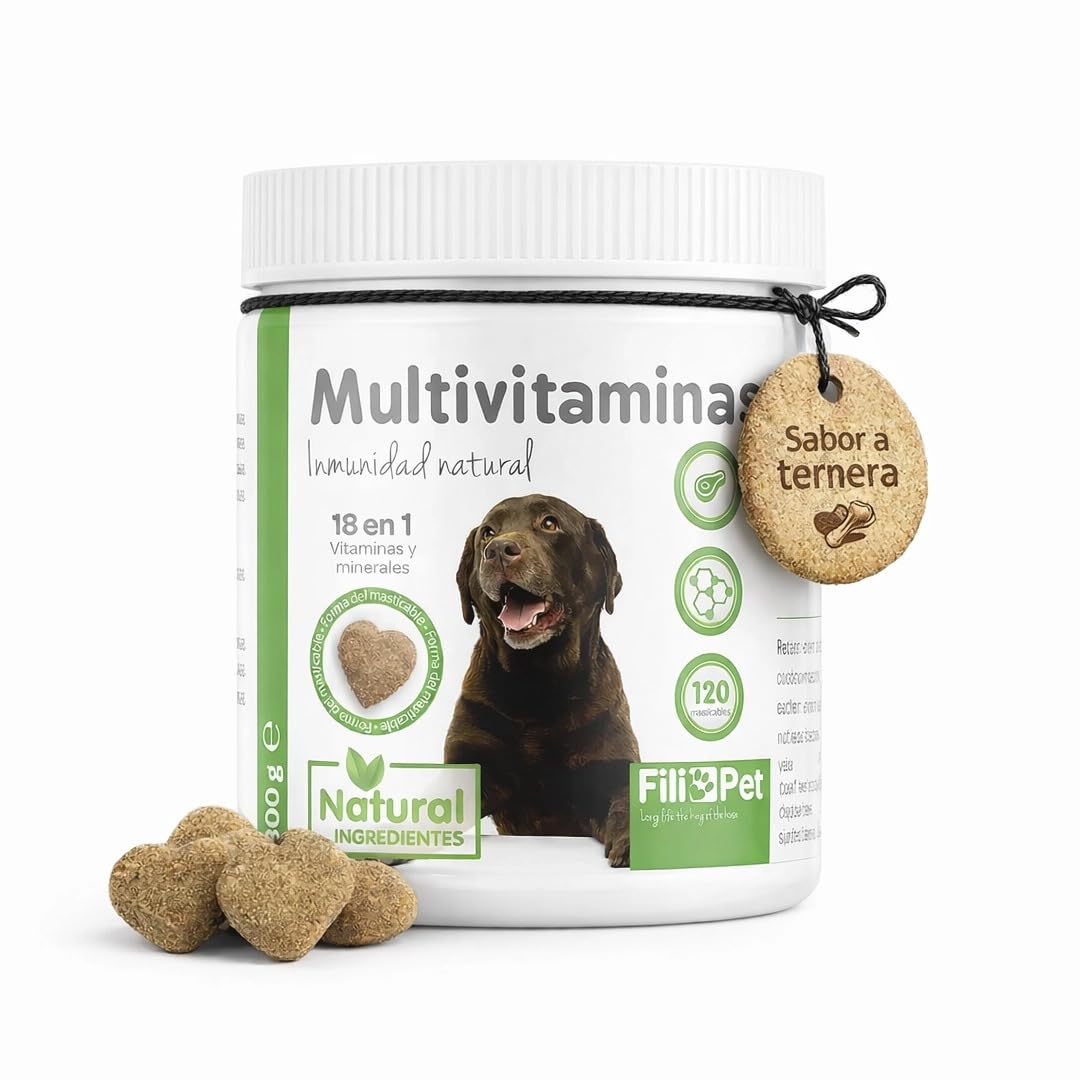 Multivitaminas y minerales para Perros, 120 masticables Sabor Ternera | con glucosamina, probióticos y enzimas digestivas | Apoyo Articular, digestivo e inmunológico