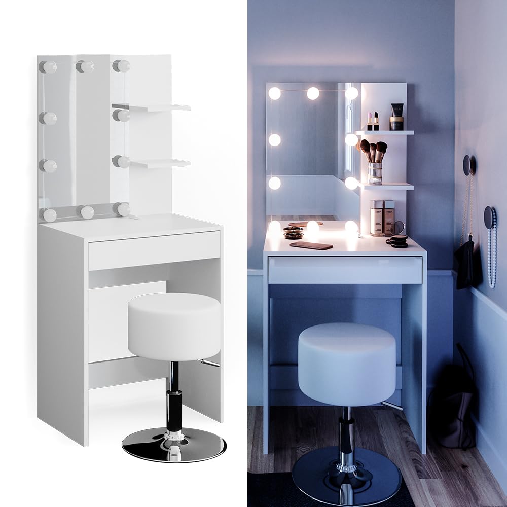 Vicco Schminktisch Isabelle, Weiß, 60 cm | mit LED Beleuchtung und Hocker, Platzsparend und funktional zugleich